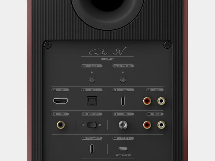 Coda W 后面板带有输入，包括 HDMI、USB-C、RCA AUX 和 RCA 唱机。