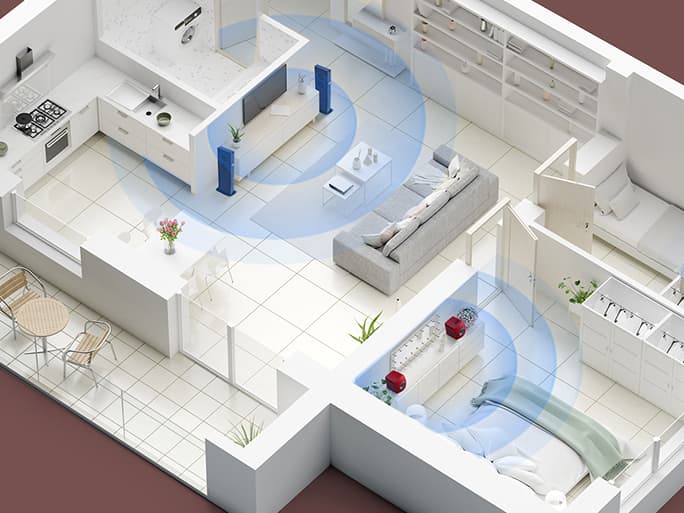 Illustration of multi-room audio via selected LS Wireless speakers
