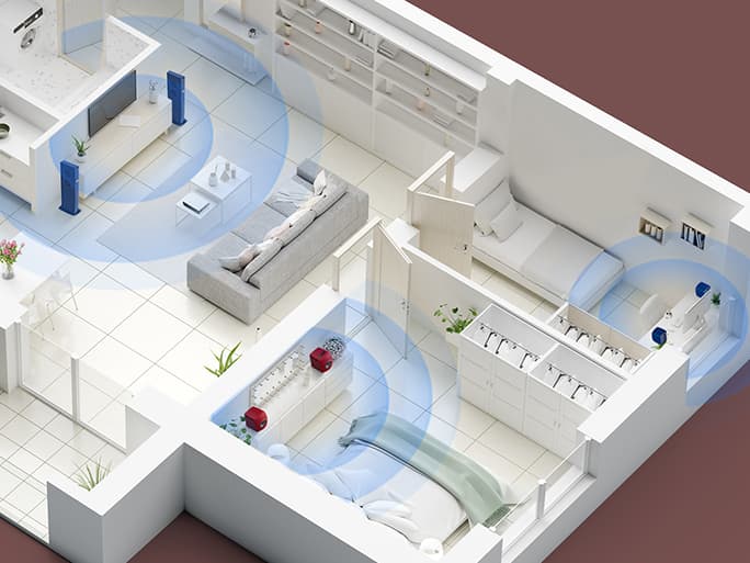 Illustration of multi-room audio via selected LS Wireless speakers