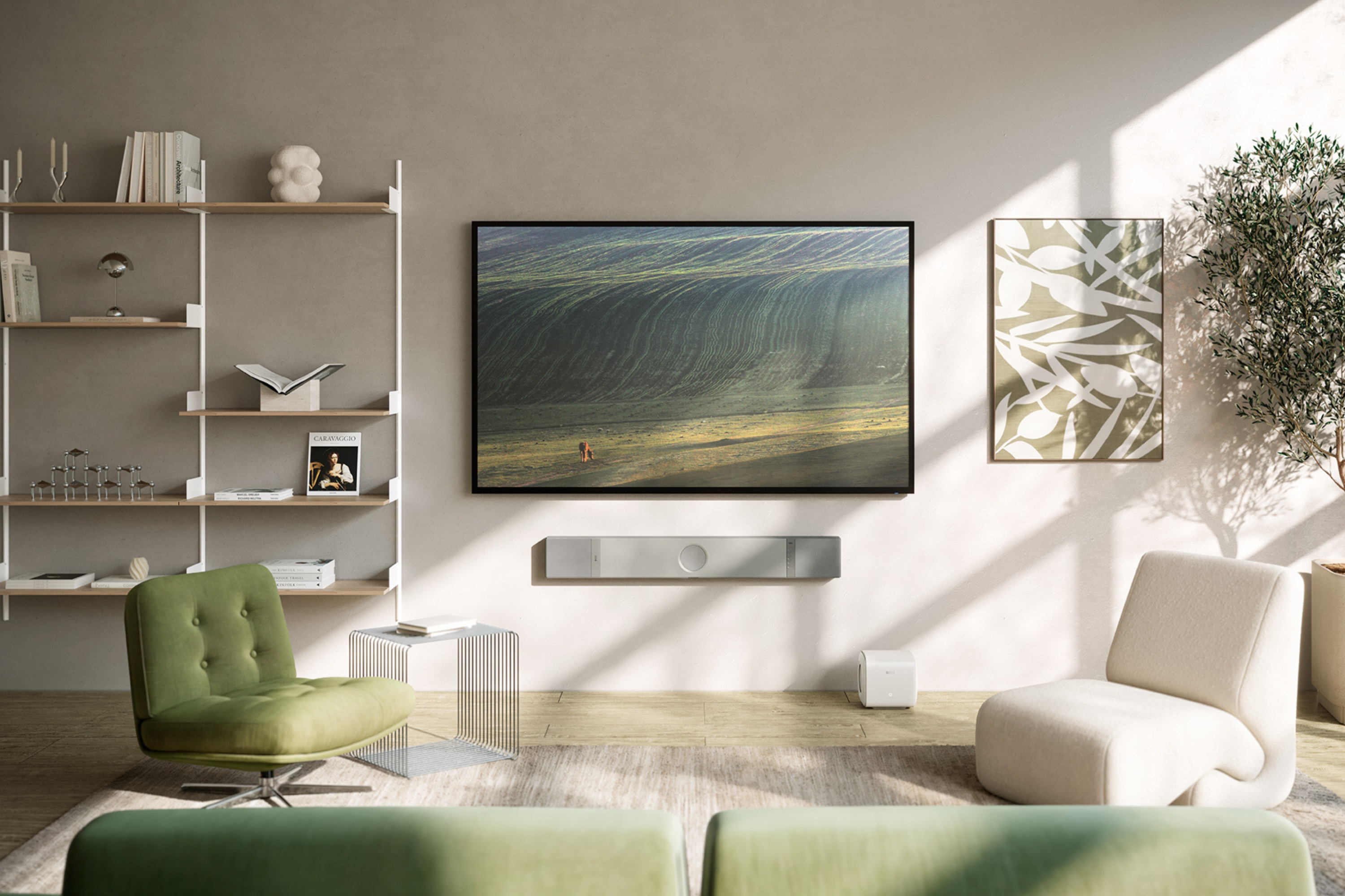 Living room with Xio Soundbar and a KC62 subwoofer.