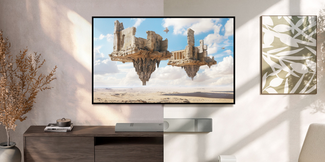 Modern living room showcasing a floating island scene on a wall-mounted TV, with a sleek grey XIO Soundbar and white KC62 subwoofer setup beneath.