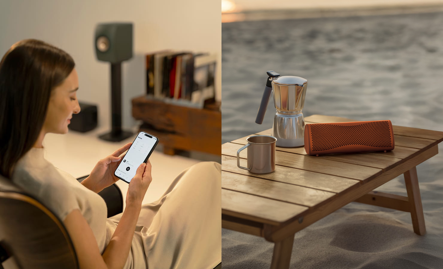 Image fractionnée montrant une femme chez elle avec la LS50 Wireless II et des gens à la plage avec l’enceinte Bluetooth Muo.