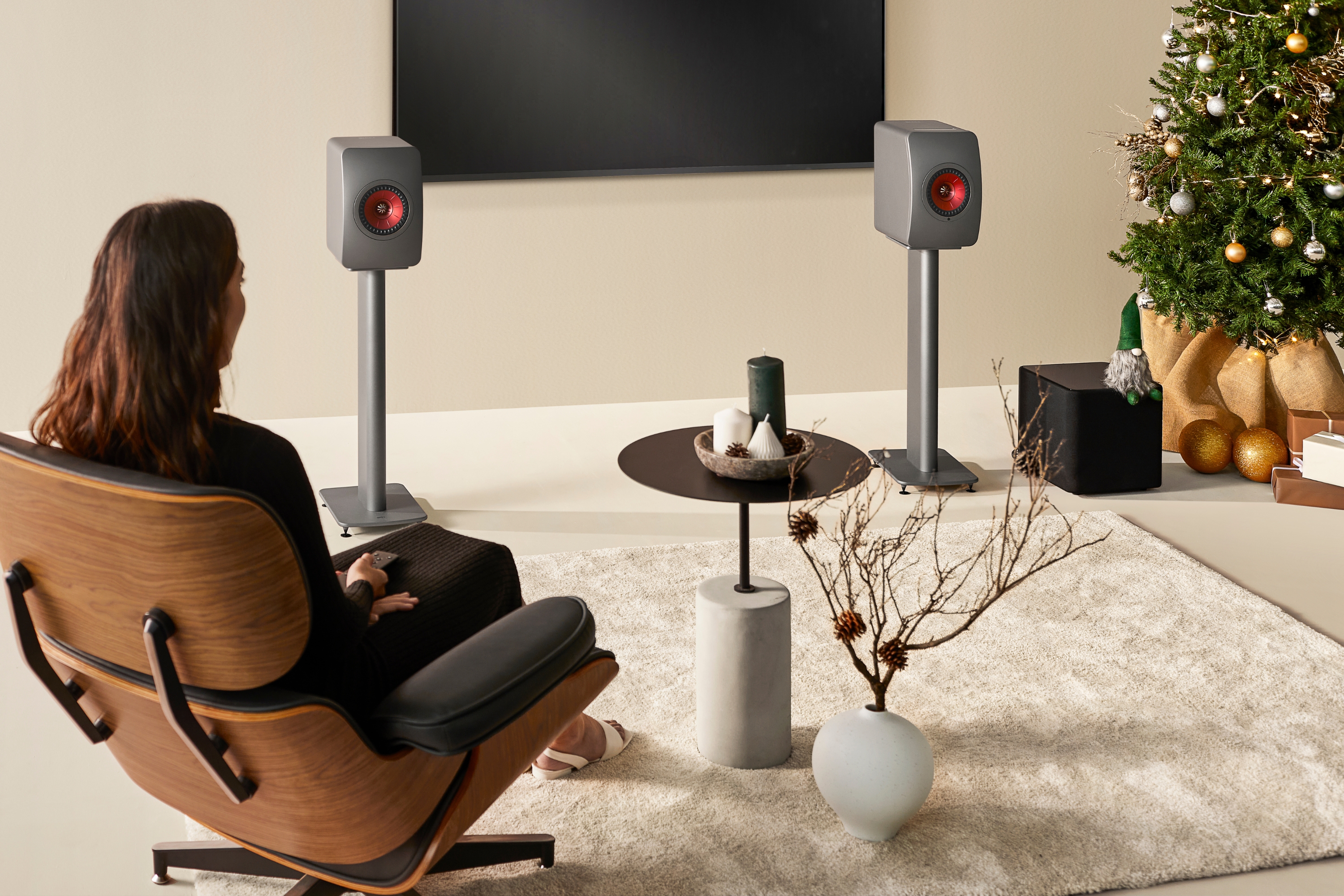 kef floorstanding speakers next to Christmas tea