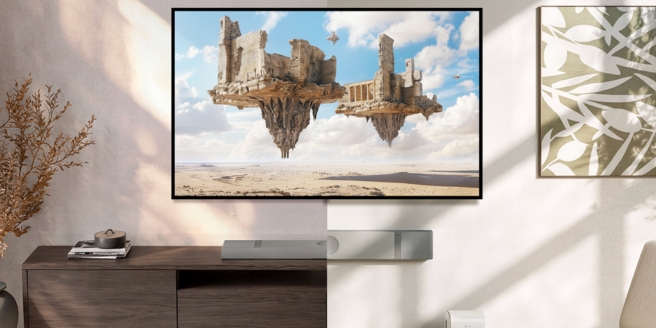 KEF XIO Soundbar unter einem wandmontierten Fernseher in einem minimalistischen Wohnzimmer