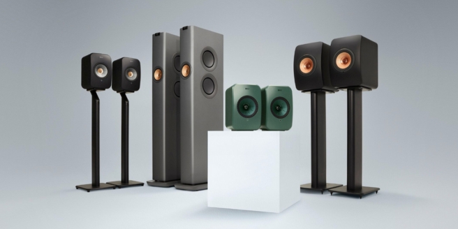 Range of KEF wireless HiFi speakers including bookshelf and floorstanding models