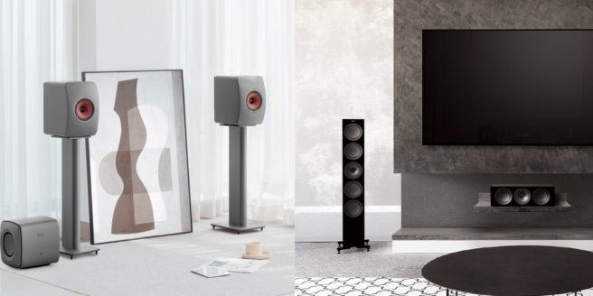 KEF active and passive HiFi speakers displayed in a contemporary home cinema living room