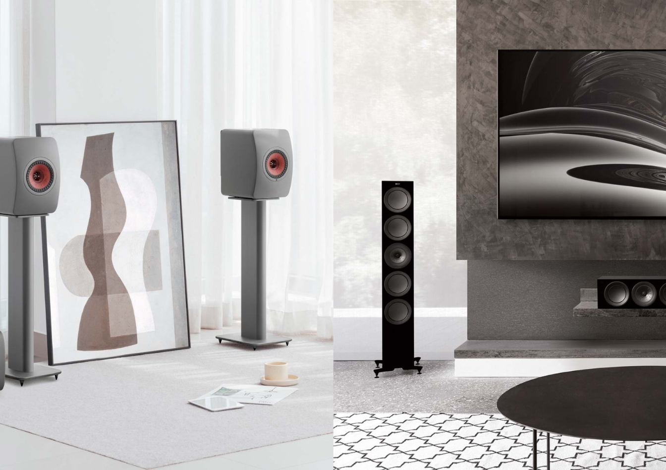 KEF Regal- und Standlautsprecher in einem modernen, minimalistischen Wohnzimmer-Setup