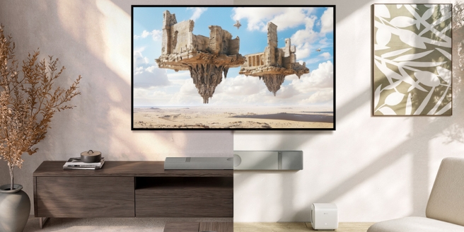 Stijlvolle woonkamer met een aan de muur gemonteerde tv die een fantasiebeeld van een zwevend kasteel toont, licht houten meubels en natuurlijk zonlicht.