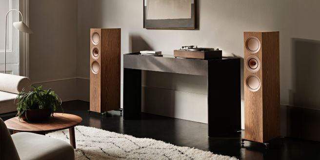 High-fidelity stereosysteem met houten vloerluidsprekers en een elegante zwarte mediaconsole.