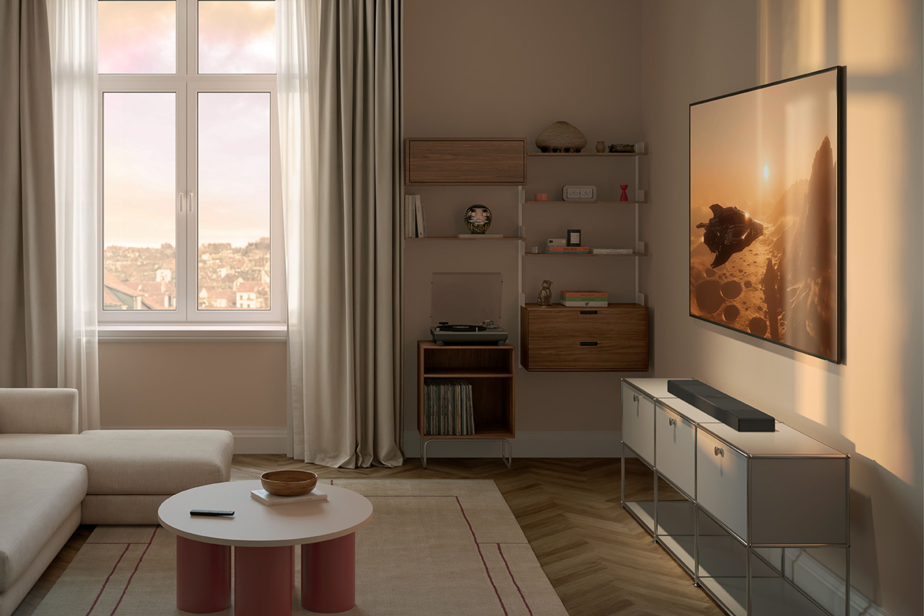Moderne woonkamer met een wandgemonteerde televisie die een sciencefiction­scène toont, minimalistische planken en een eigentijdse soundbar