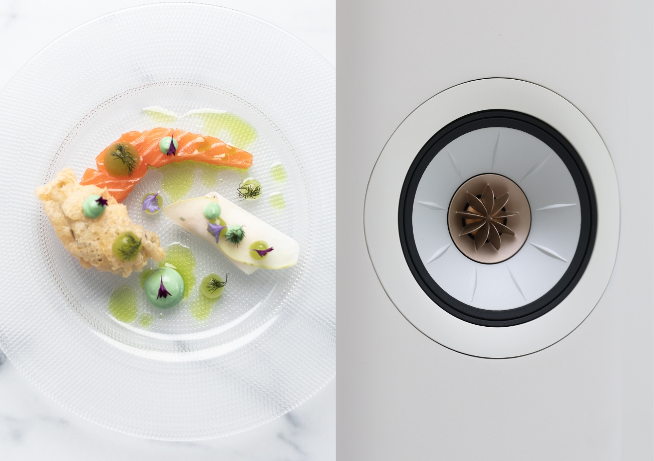 Fine dining dish next to a KEF speaker driver illustrating how sound enhances taste perception.