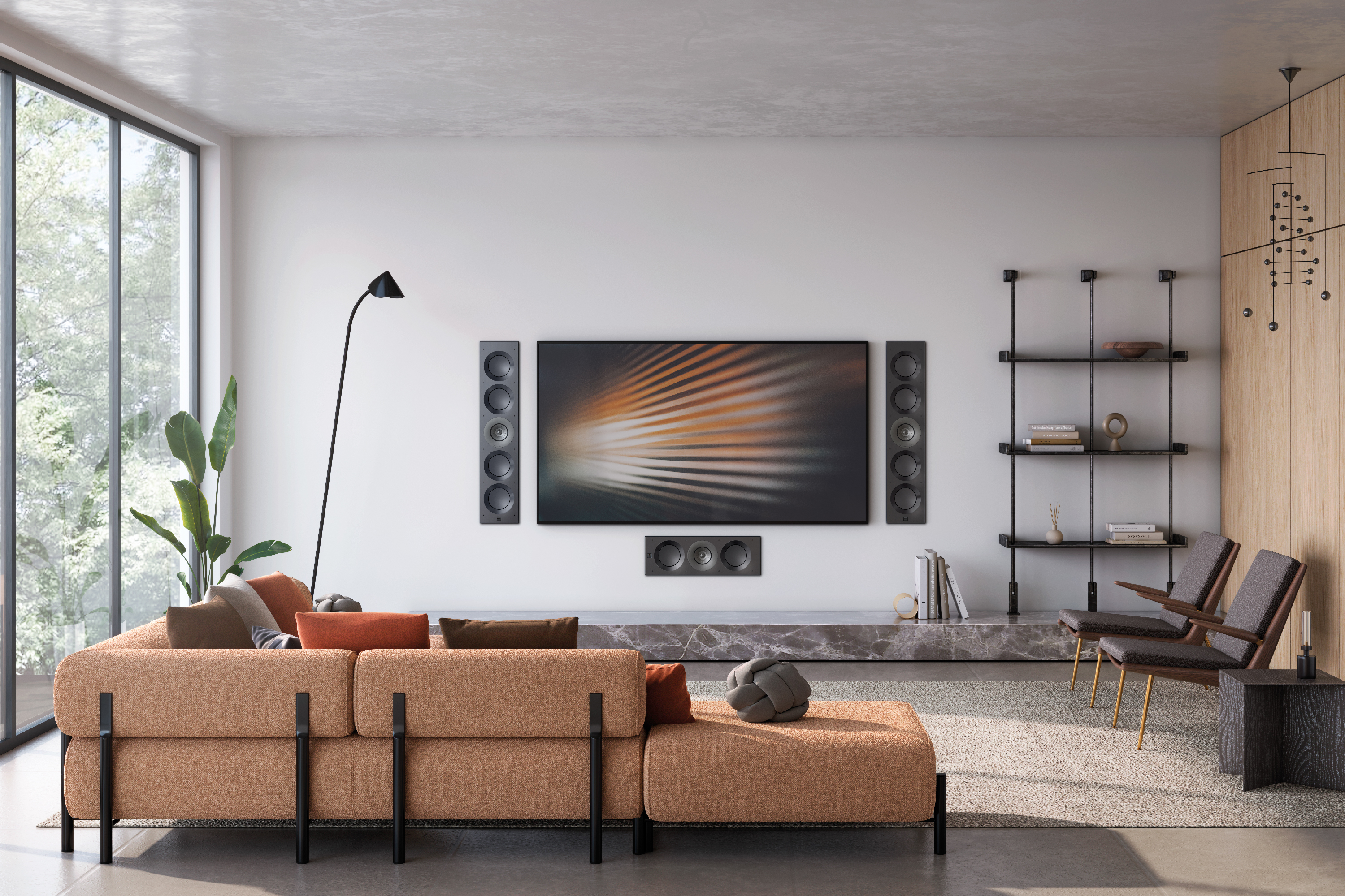 KEF in-wall speakers placed in a living room