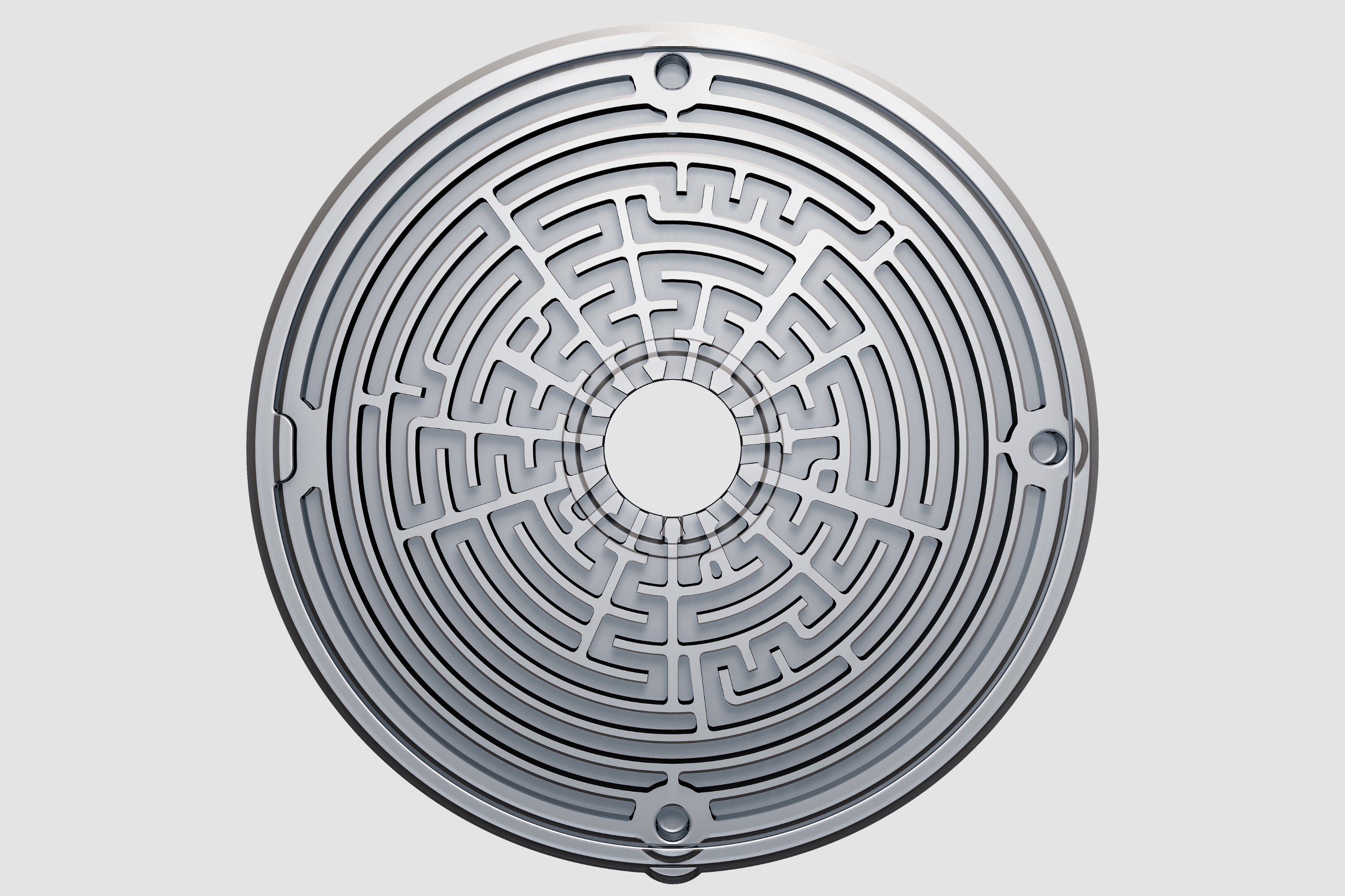 Gros plan sur un dissipateur thermique circulaire en aluminium du haut-parleur KEF LS60 Wireless, avec des ailettes radiales complexes assurant la gestion thermique et une esthétique sculpturale.