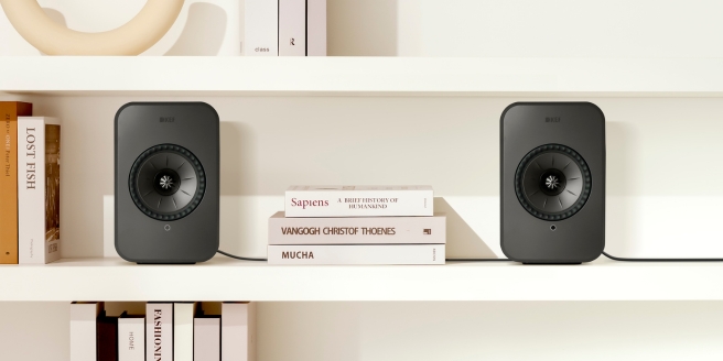 Paire d’enceintes de bibliothèque disposées sur des étagères blanches avec des livres et des objets décoratifs, dans un intérieur lumineux et minimaliste.