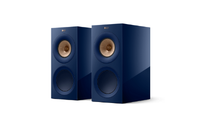 Two sleek, dark blue speakers with bronze cones, featuring modern design and clean lines.