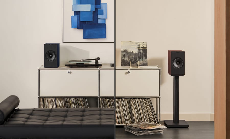 Coda W speakers on a credenza and on a SQ1 floor stand.