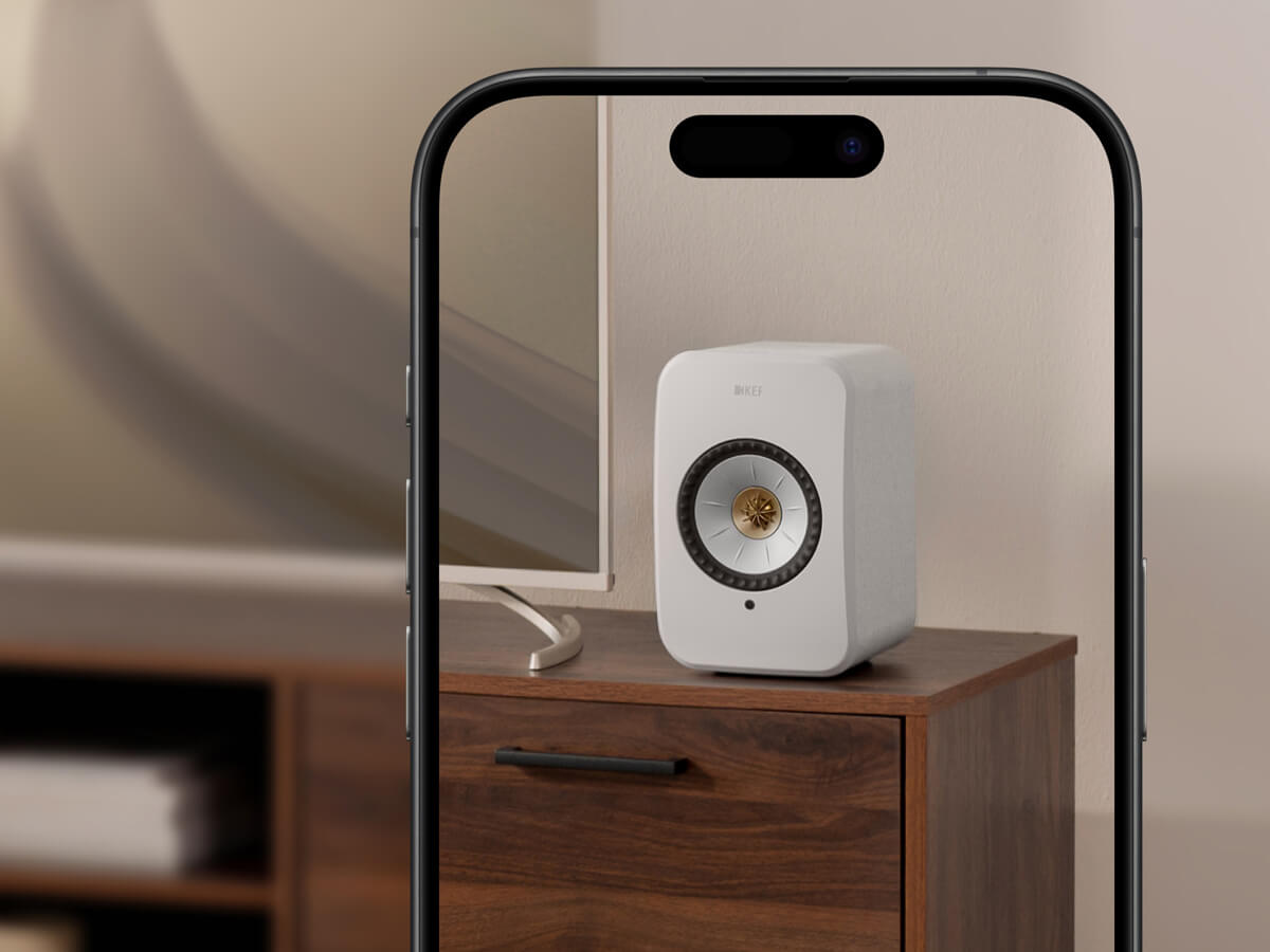 Augmented Reality tool showing LSX II next to TV.