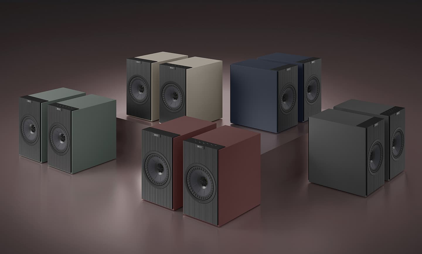 Group shot of Coda W speakers in 5 colours.