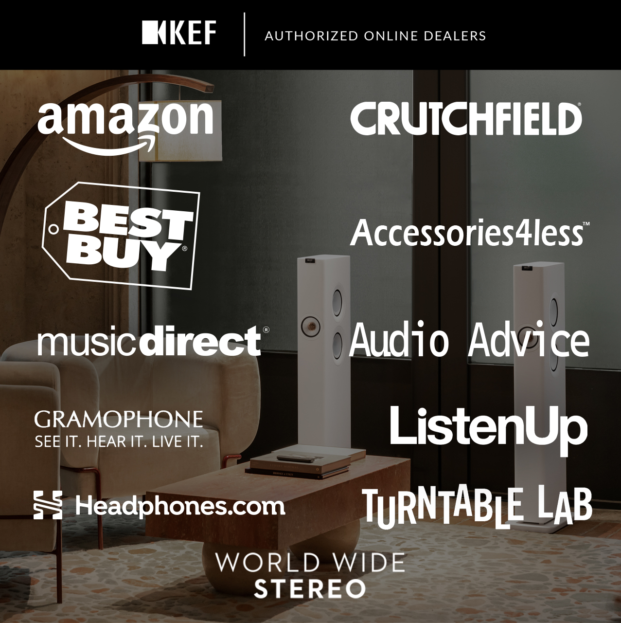 KEF authorized online dealer logos over a modern living room background.